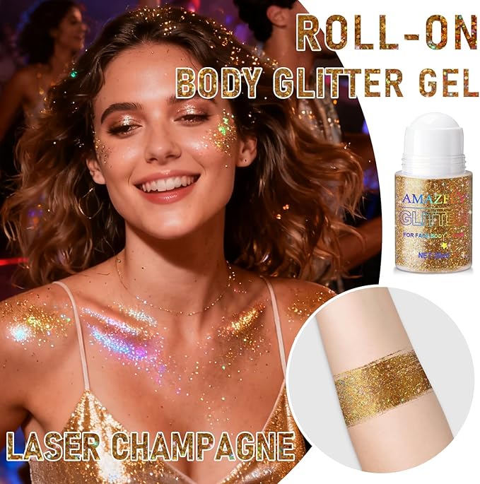 Roll-on Holographic Body Glitter Gel for Face and Hair, Chameleon Color Changing Glitter Gel Under Light, Chunky Mermaid Sequins Festival Party Rave Accessories Body Shimmer Makeup (Champagne)