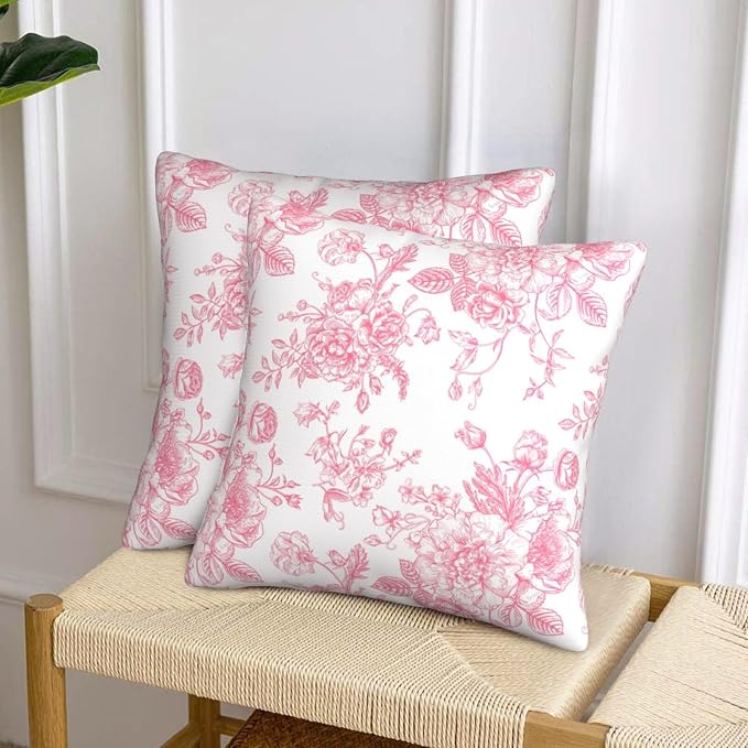 Vintage Pink Floral Throw Pillow Covers 20x20 Set of 2 Chinoiserie Farmhouse Decor Cushion Cases