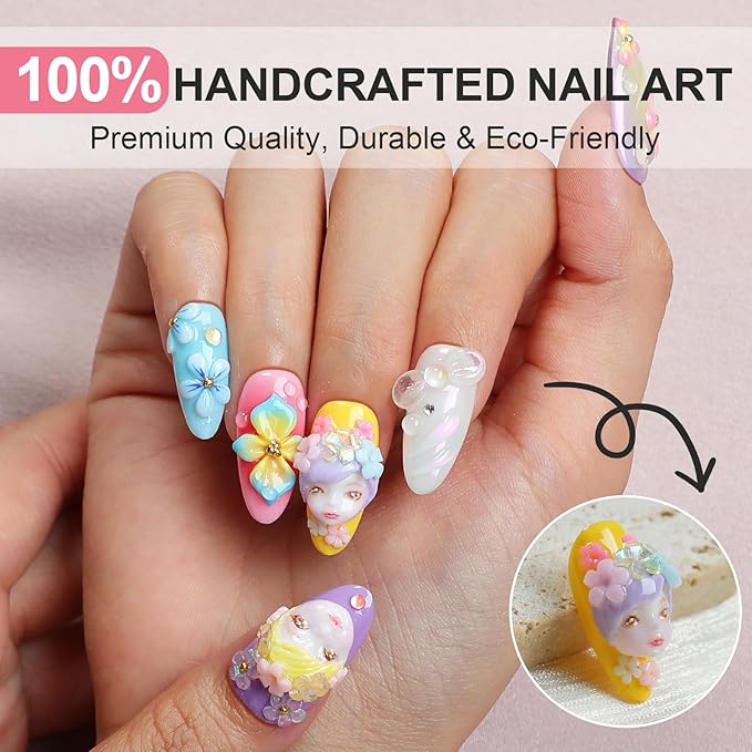 Press on Nails - Medium Almond Colorful Doll with Handmade Nails Acrylic Handmade Press on Nail for Salon Party