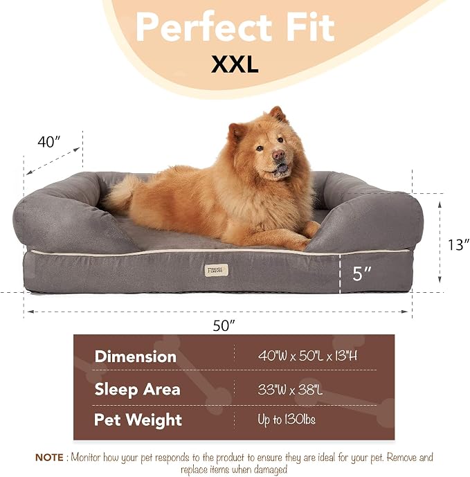 Friends Forever Orthopedic Dog Bed, Memory Foam Pet Sofa, Calming Dog Couch, Water Resistant Pet Bed, Washable Cover, Non-Slip Bottom, Chester, Grey, 50" x 40" x 13"