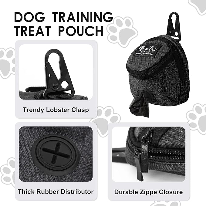 FuninCrea Dog Treat Pouch Bag, Black, 4.7 x 3.1 x 3.1 inches (12 x 8 x 8 cm), Oxford Cloth, Dog Training Treat Pouch with Built-in Poop Bag Dispenser, Practical Classic