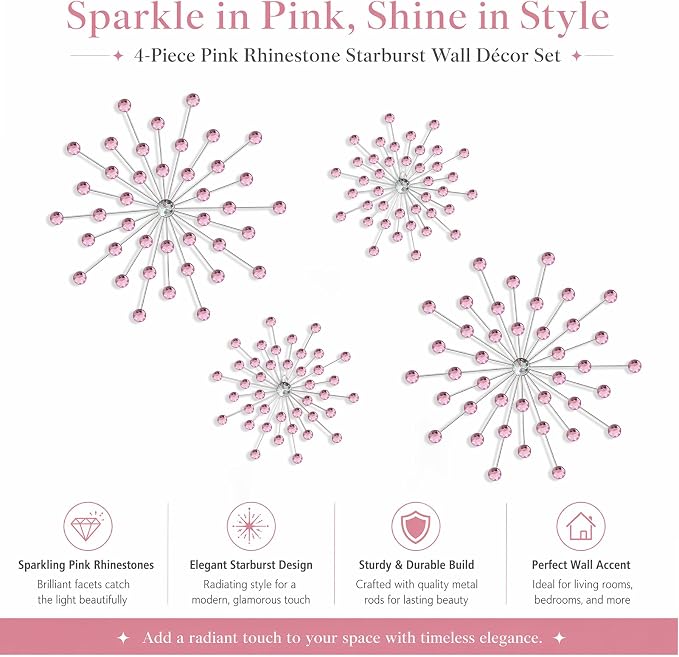 ZEXUIRU 4 Set Silver Starburst Wall Art for Home Decor Metal Bling Crystal Rhinestones Sunburst Wall Decor Sparkling Rhinestone Art Accent Silver - 13 in