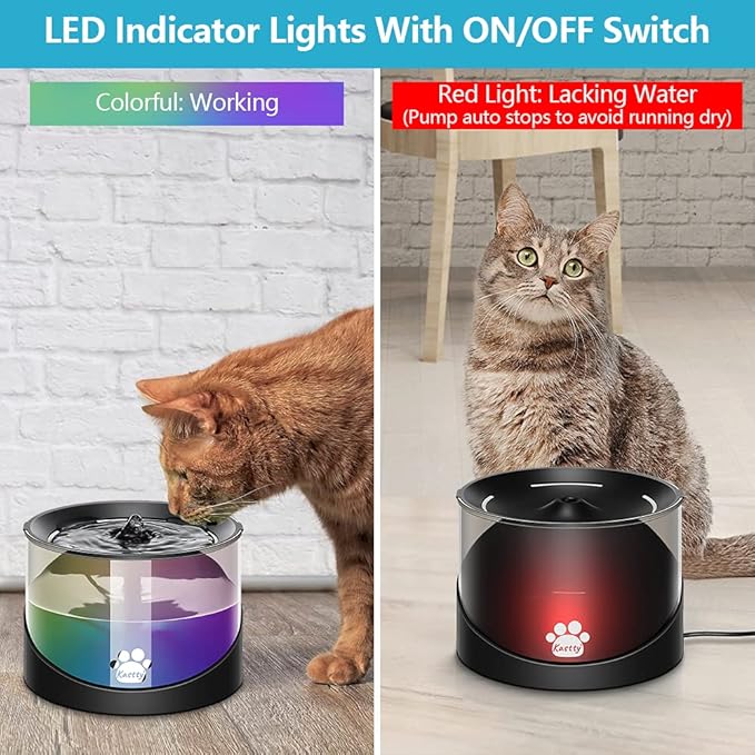 Kastty Cat Water Fountain, Pet Water Fountain for Cats Indoor, Cat Water Dispenser 2.2L/74oz, Super Quiet, Long Life Span Pump, Black+Colorful LED Light