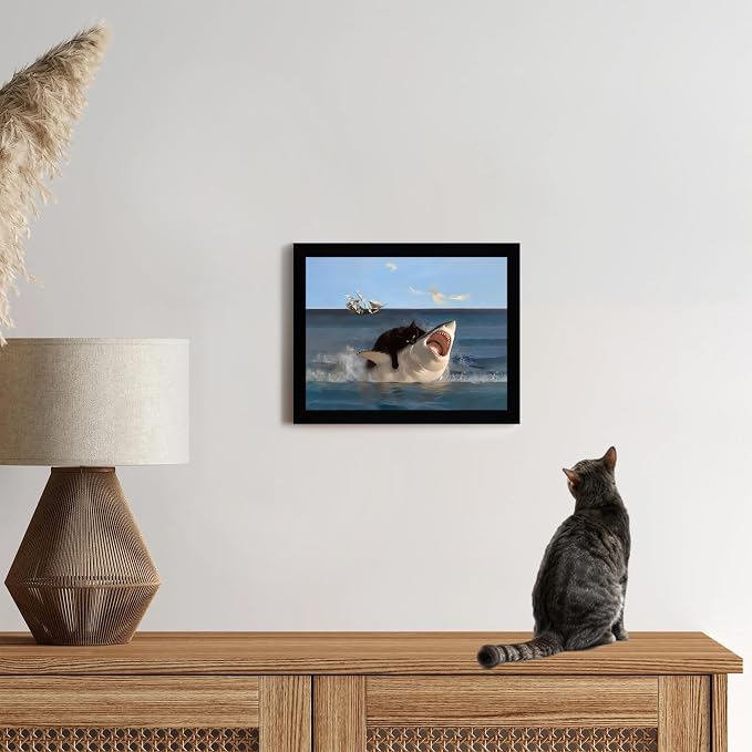 ICHZUMW Framed Funny Black Cat Biting Shark Ocean Canvas Wall Art 8x10 In | Quirky Cat Biting Shark Oil Painting, Humorous Bathroom Wall Decor, Bedroom Bar Man Cave Restroom Powder Room, Ready to Hang