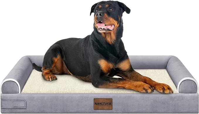 Orthopedic Dog Bed for XX-Large Dogs, 44 x 34 Inch, Purple | Egg crate foam for joint support, 3-sided bolster pet sofa, waterproof lining, washable cover, and non-skid base