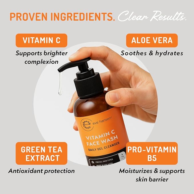 Eve Hansen Vitamin C Cleanser Face Wash | Anti Aging Facial Cleanser for Fine Lines, Age Spots, Dark Circles | Cruelty Free Skin Care Cleansing Gel with Aloe Vera, Vitamin E (4 oz)