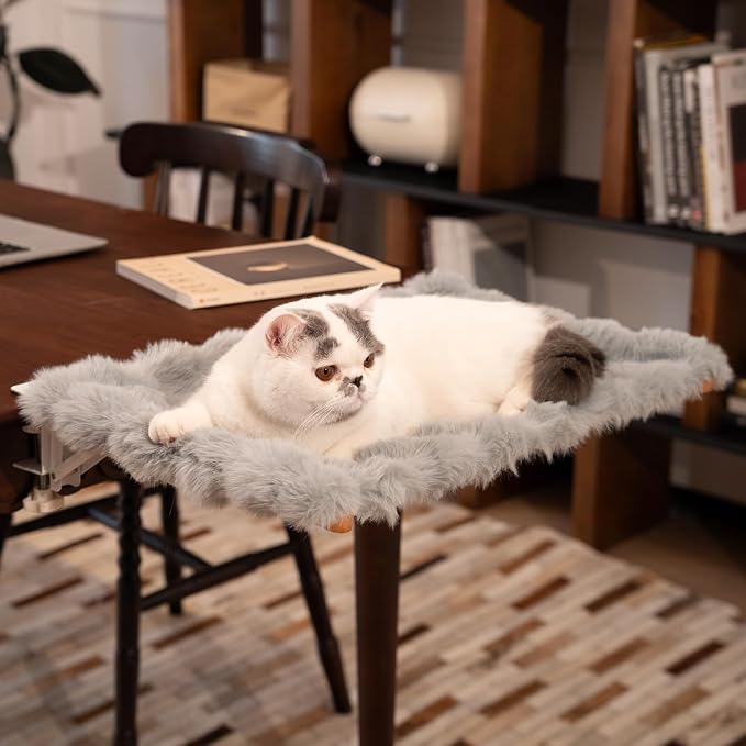 CHEERPALS Cat Desk Bed with Cushion Washable, 90°Fold Down Cat Hammock for Desk Mounted, Indoor Cats Furniture Supports 35lbs Suitable for Small-to-Medium Cats(Grey)