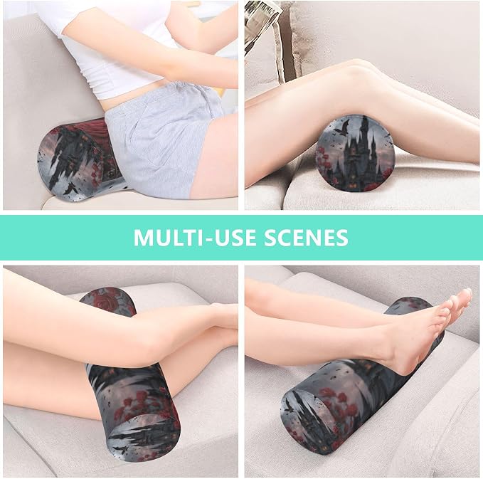 Fresh Rose Cat Castle Halloween Neck Roll Pillow Bolster Round Health Memory Foam Long Cervical Cylinder Pillows with Removable Washable Cover for Body Bed Legs Back Yoga