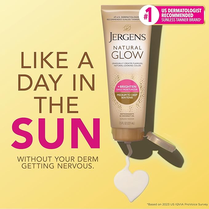 Jergens Natural Glow Self Tanner Body Lotion, Sunless Tanning, Medium to Deep Skin Tone, Daily Moisturizer with Coconut Oil, Vitamin E and Antioxidants, 7.5 Oz