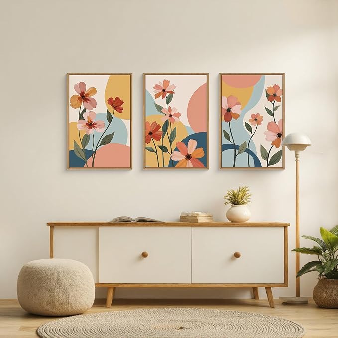 FWIEXA Colorful Flower Canvas Wall Art,Boho Flower Framed Wall Art Pink,Minimalist Wildflower Wall Decor,Abstract Floral Art Prints,Modern Orange Floral Artwork Daisy for Living Room Bedroom 24x36''x3