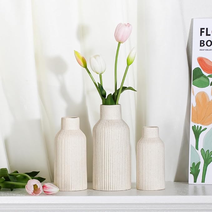 Bohemian Beige Ceramic Vase - for Pampas Grass, Mantel, Bookshelf, Entryway and Living Room Decor (Beige, Set of 3)