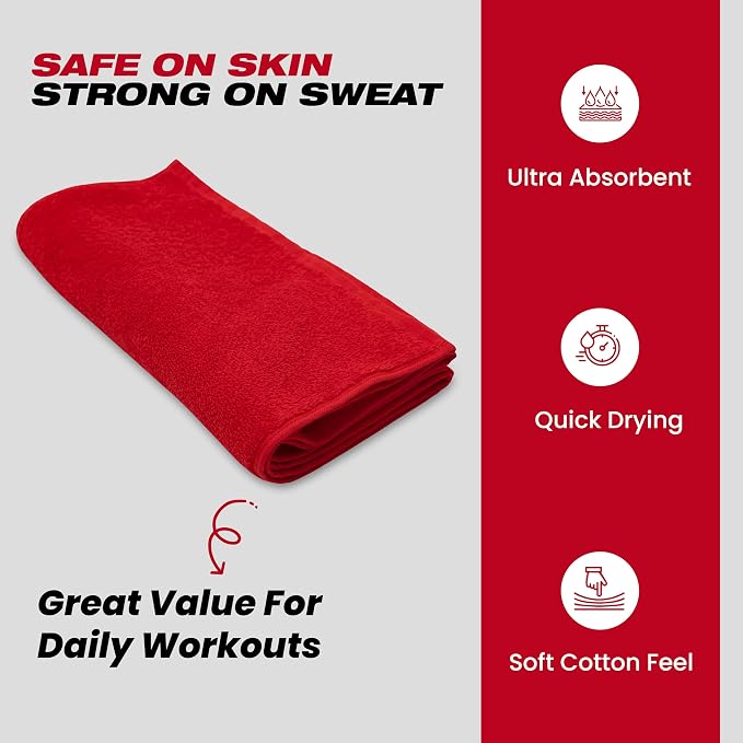 Sports Towel - Double Pack (2 Pieces), 12"x51", Red, 100% Cotton - Oeko-Tex Certified, Very Absorbent and Quick-Drying, for Fitness, Gym and Yoga