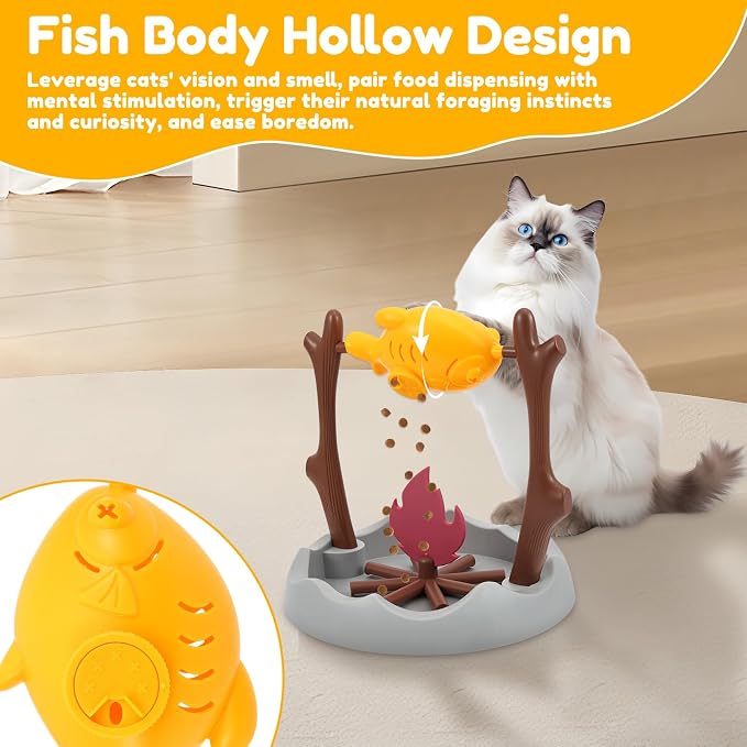 Cat BBQ Toy Treat Dispensing Slow Feeder Bowl, Unique Rotatable Fish and Flame Cognitive Training Game Enrichment Interactive Stimulation Toy for Indoor Kitty(Yellow)