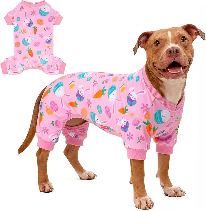 KYEESE Easter Dog Pajamas, Soft Dog Pajamas for Large Dogs Girl, Stretchy Dogs Pjs Velvet Pet Jumpsuit with Eggs & Bunny Pattern, Comfy Lightweight Pet Outfit, Pink, 3XL