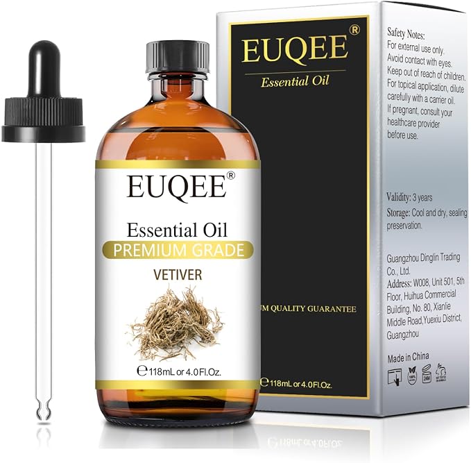 EUQEE Vetiver Essential Oil 4oz/118ML Large Bottle Vetiver Oil Premium Essential Oil for Candle Making, Humidifier, Diffusers - with Glass Dropper