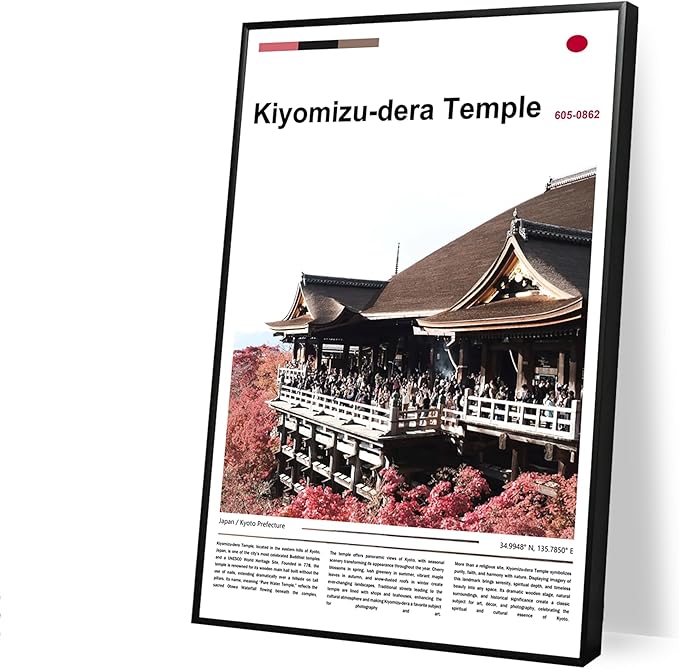 Poster Kiyomizu-dera Temple Wall Art Original Design(30"x20" Golden Frame) Kyoto Japan Pagoda Print Autumn Red Maple Leaf Landscape Scenery Buddhist Shrine Zen Culture Travel Landmark Series Picture