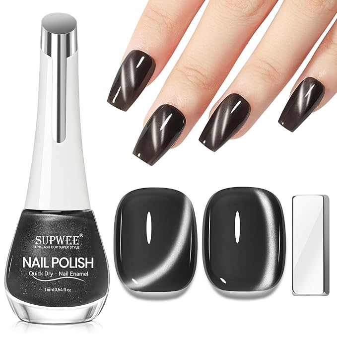 Black Cat Eye Nail Polish Non Gel, Magnetic Nail Polish Lacquer Quick Dry Shimmer Glitter Effect with Magnet Air Fast Dry Manicure DIY Salon 16ml/0.54 oz