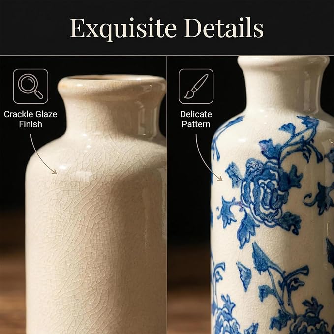 3Pcs Vintage Blue White Floral Ceramic Vase Set, Chinoiserie Farmhouse Decor Vases for Home Table Kitchen Living Room
