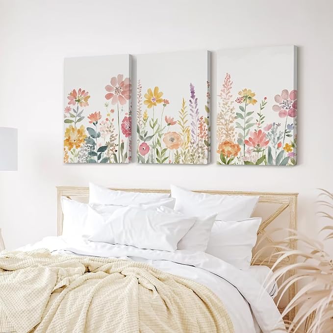 Watercolor Wildflower Wall Art Decor Colorful Flower Pictures Canvas Floral Botanical Wall Art Vintage Prints Poster Floral Painting Artwork for Living Room Bedroom 12x16 Inch Framed Set of 3