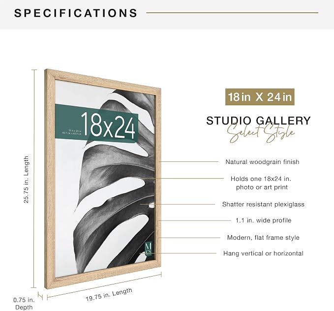 MCS Studio Gallery 18x24 Poster Frame Natural Woodgrain Engineered Wood, Vertical & Horizontal Wall Hanging Large Picture Frame for Photos, Posters & Art Prints (1-Pack)