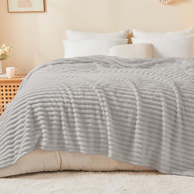 BEDELITE Ribbe Blankets Queen Size for Bed, Light Grey, 90"x90" | Ultra-Soft Plush Fleece, Warm Yet Lightweight, Ribbed Texture, Home Decor, Machine Washable, Giftable, All-Season Use