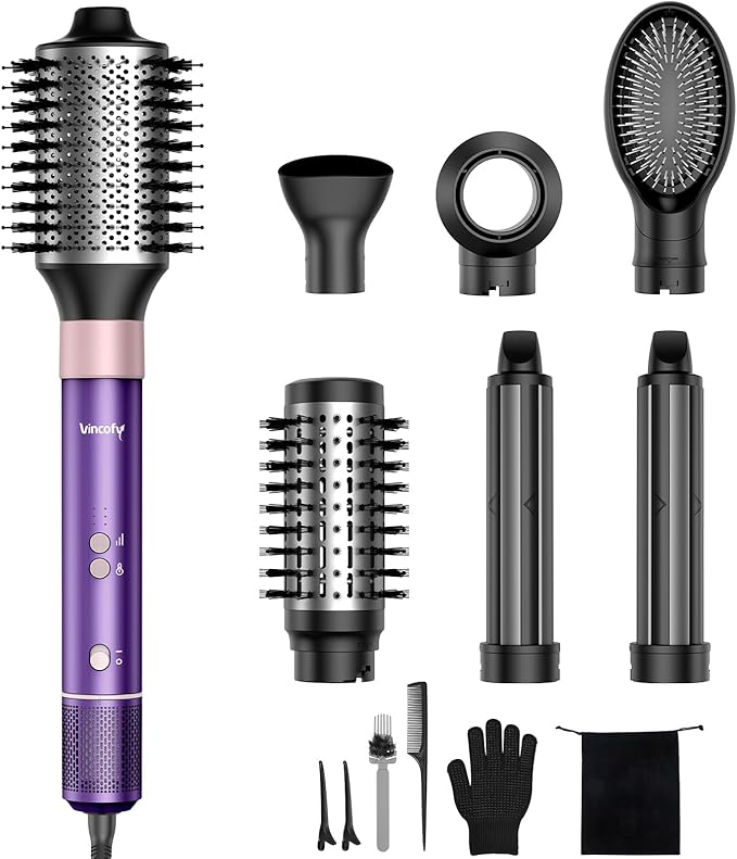 Vincofy 7-in-1 Hair Dryer Brush and Hair Styler Set – Fast Drying, Curling, Straightening & Volumizing – Hot Air Styling Tool with No Heat Damage – for All Hair Types – Purple