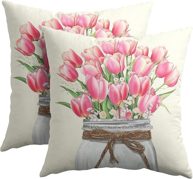 Kawani Tulip Flower Throw Pillow Covers 16x16 Inch Set of 2 Watercolor Pink Red Floral Mason Jar Pillowcase Cotton Linen Cushion Case with Hidden Zipper for Couch Sofa Bed Home Decor