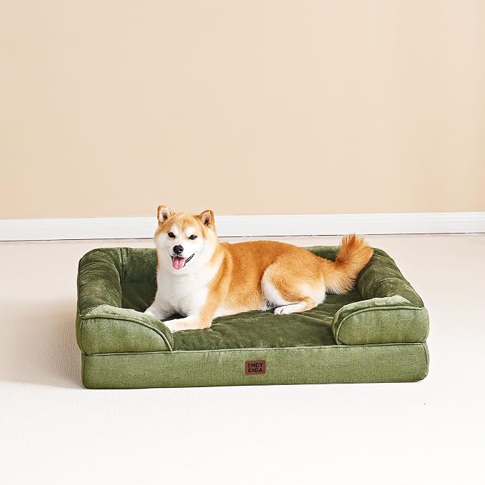 EHEYCIGA Orthopedic Dog Beds Large Sized Dog, Waterproof Washable Pet Bed | Non-Slip Bottom and Egg-Crate Memory Foam XL Dog Couch Bed with Washable Removable Cover, Olive Green