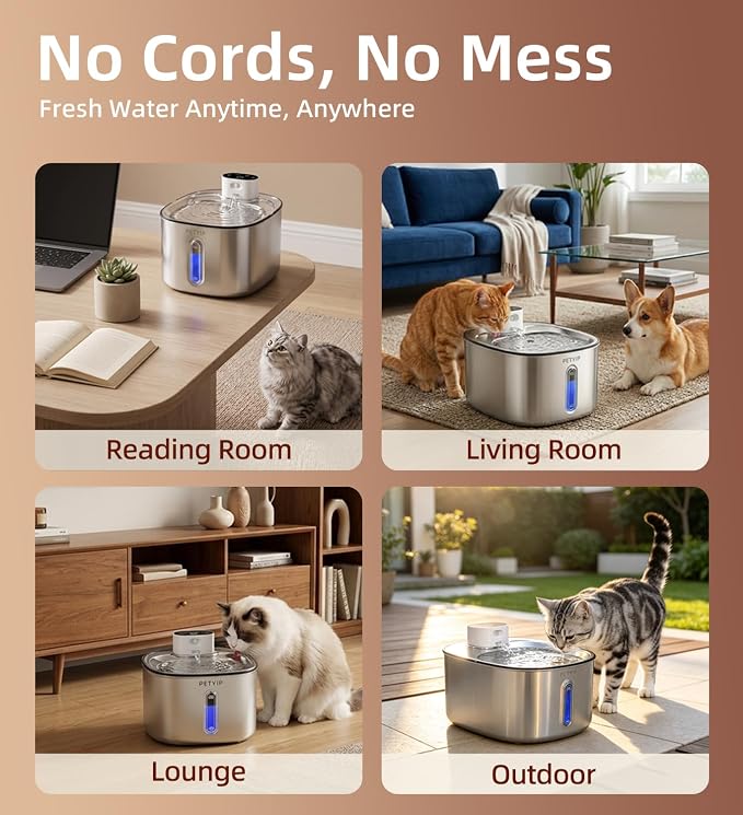 Wireless Cat Water Fountain Stainless Steel,135fl-oz/4L Battery Operated Automatic Pet Water Dispenser,Cordless Small Dog Water Fountain,Water Fountains for Cats Indoor,Ultra Quiet
