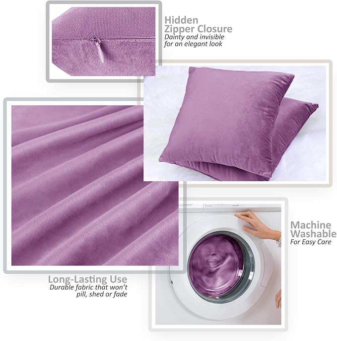 Throw Pillow Inserts Pack of 2 with Velvet Soft Solid Decorative Square Throw Pillow Covers Set for Sofa Couch Car Bedroom, 18X18 Throw Pillows Inserts with 16x16 Washable Cushion Covers, Lavender
