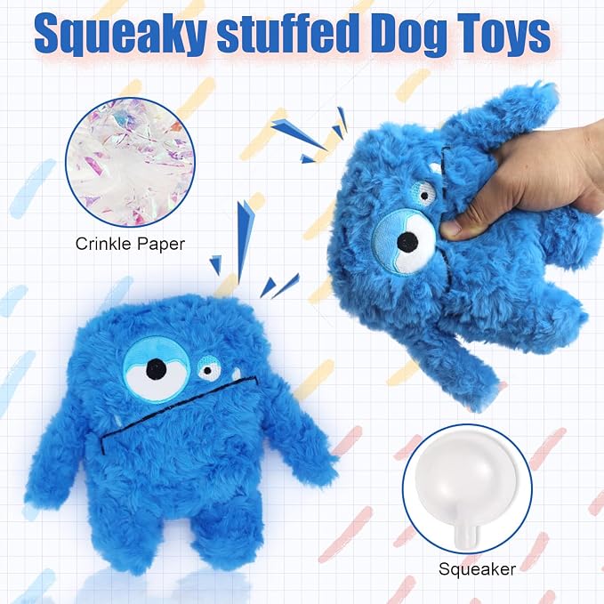 Monster Stuffed Squeaky Dog Toy, Crinkle Dog Plush Toy, Blue | Soft Lightweight Toy for Fetch and Chew, Interactive Outdoor Indoor Play for Tug, Birthday Gift, For Puppy Small Medium Dog