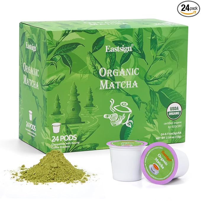 Eastsign Organic Matcha Green Tea K Cups for Keurig, 24 Count Matcha Pods, Matcha Latte K Cups, Smooth Green Tea Pods for Hot or Iced Drinks