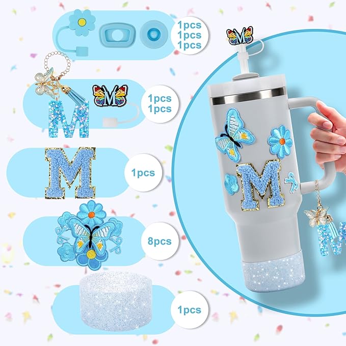 15PCS Cup Accessories Set for Stanley Cup 30oz 40oz Tumbler with Handle, Including Silicone Straw Cover and Boot, Spill Proof Stopper, Stanley Charms, Handle Charm, Initials Sticker