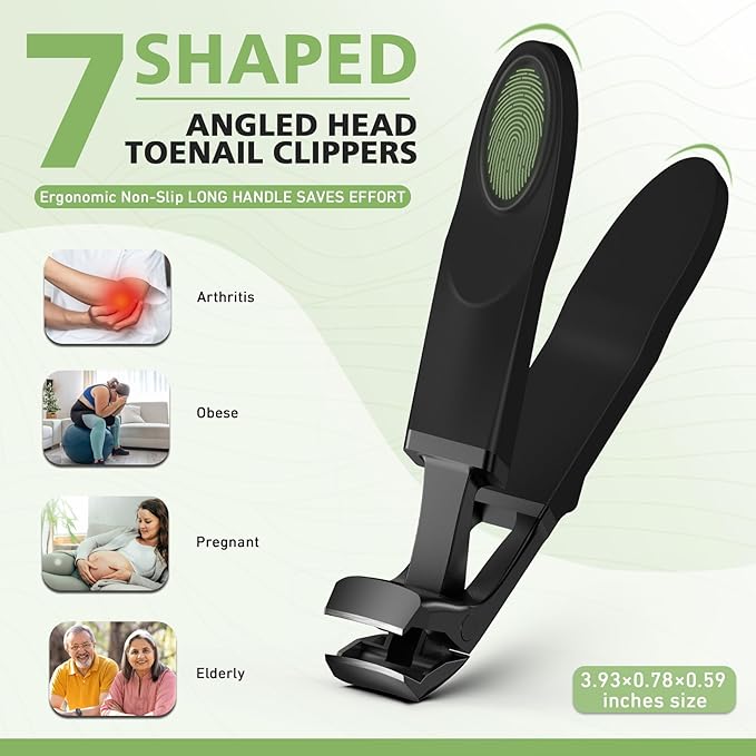 BALUCA Angled Head Toenail Clipper for Seniors with Wide Jaw Opening – Large Curved Nail Clipper for Thick Nails with Catcher & Splash-Proof Design,Black