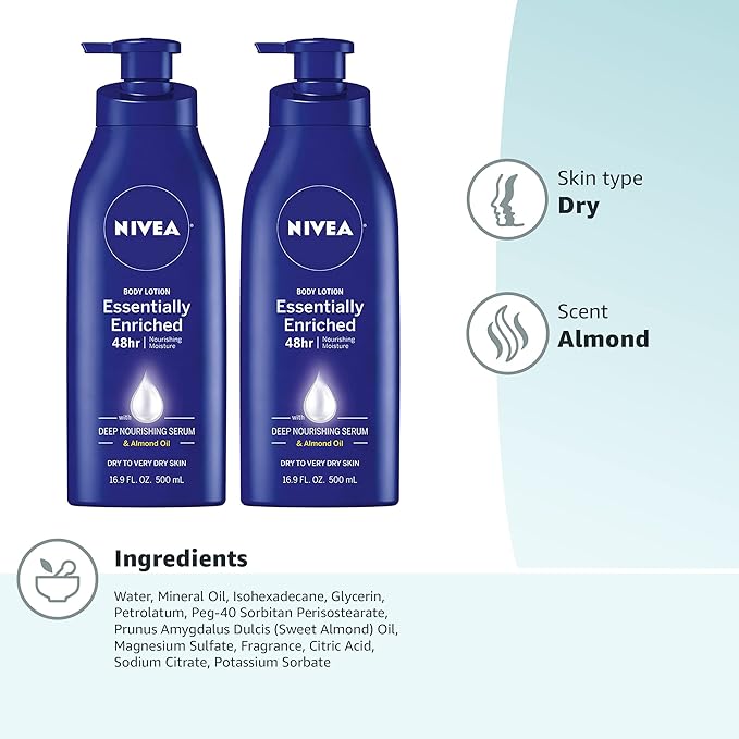 NIVEA Essentially Enriched Body Lotion for Very Dry Skin with Hyaluronic Acid,Almond Oil and Deep Nourishing Serum,72-Hour Body Moisturizer,16.9 Fl Oz Pump Bottle,(Pack of 4)