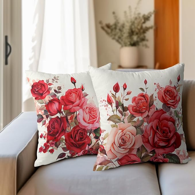 Kawani Watercolor Flower Throw Pillow Covers 16x16 Inch Set of 2 Pink Red Rose Floral Romantic Square Pillowcase Cotton Linen Cushion Case for Couch Sofa Bedroom Living Room Decor