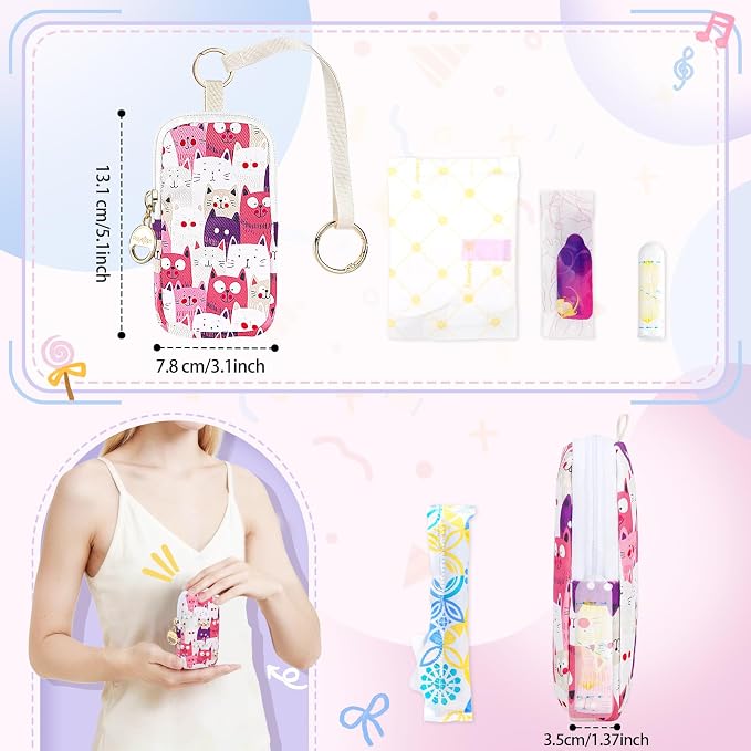 Tampon Holder for Purse, Cute Period Bag with Wristlet Strap, Portable Tampon Bag Organizer Case for Feminine Products (Pink Cats)
