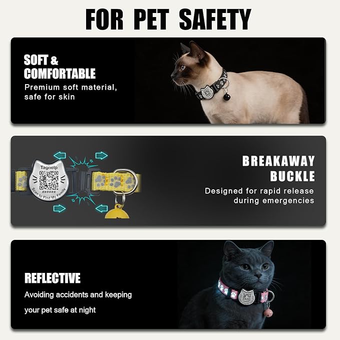 Breakaway Cat Collar with QR Code Tag and Bell (Black & Blue) | Reflective Nylon, Quick-Release Buckle