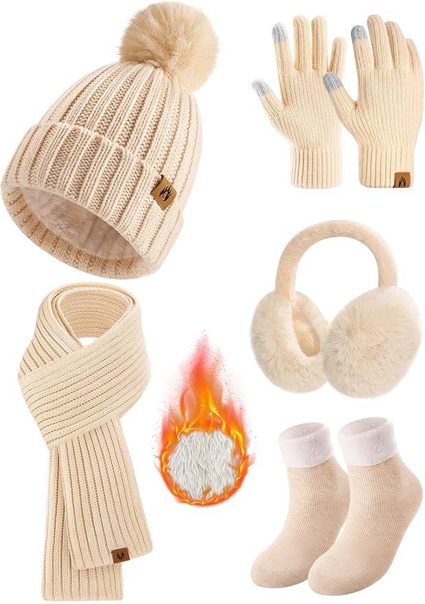 Yusongirl Winter Women Scarf Gloves Beanie Ear Muffs Socks Set Cold Weather Warm Knit Hat Fleece Long Neck Warmer 5 in 1 Set