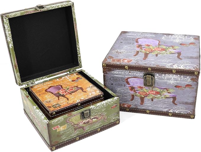 Jolitac Wood Storage Box Set of 3, Vintage Decorative Nesting Boxes Wooden Treasure Storage Crates With Latch, Home Decor Rustic Antique Boxes With Lid for Photos, Jewelry, Cash (Chair)