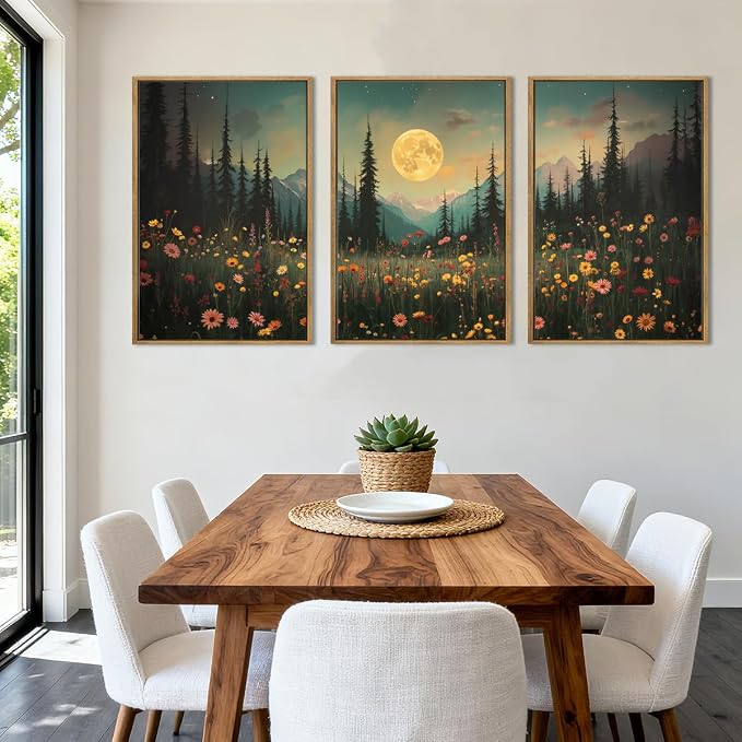 ANHUIB Moon Forest Wildflower Wall Art, Moonlit Pine Tree Wall Decor Dark Mountain Paintings Set of 3 for Living Room Bedroom Dining Room 16x24 Inch