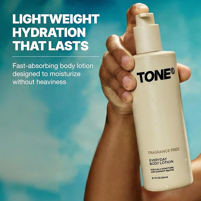 TONE Everyday Body Lotion for Men & Women, Fragrance Free, Fast Absorbing & Hydrating Body Lotion for All Skin Types Made with Shea Butter and Vitamin E for Soft Skin, Paraben-Free, 12.2 oz