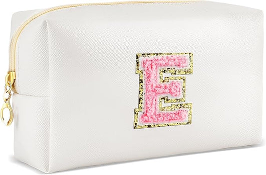 URSKYTOUS Initial Makeup Bag Personalized Preppy Travel Small Cosmetic Bag Cute PU White Chenille Letter Makeup Pouch for Purse Waterproof Zippered Toiletry Organizer for Women Girls Kids Friends (E)