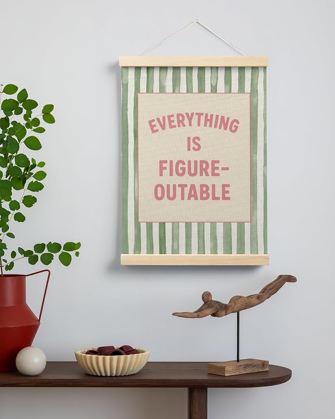 FGFK Preppy Pink and Green Everything Is Figureoutable Inspirational Framed hanging Canvas wall art Poster Prints office dorm room decor for women, Motivational posters decorations for home bedroom,12x16 Inch