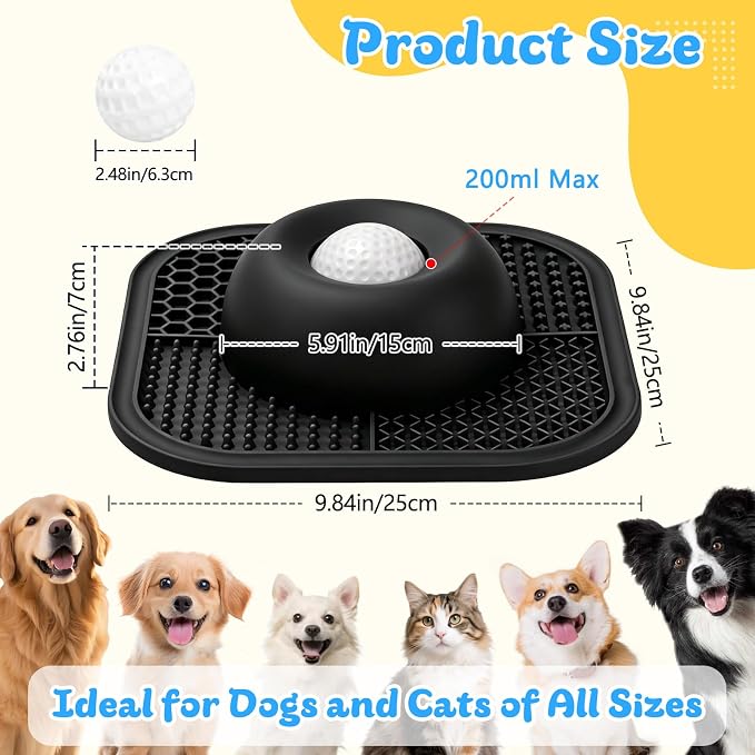 Slow Feeder Dog Bowls & Lick Mat for Liquid and Thick Treat, Anti-Slip Dog Lick Bowl with Interactive Rolling Ball, 5/6 Cup Pup Licking Toy for Large Medium Small Dogs and Cats Black