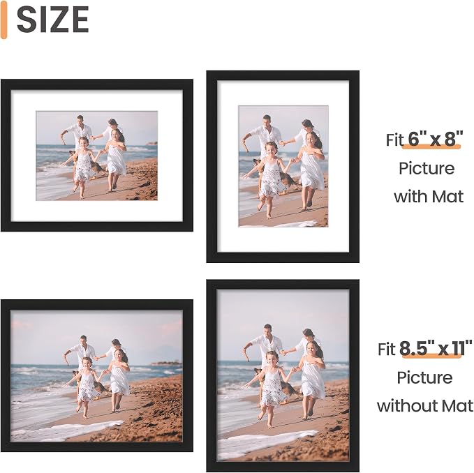 upsimples 8.5 by 11 Picture Frame, Gallery Wall Frames Set of 5, Black | Photo Frame Collage Wall Decor, 6x8 Picture Frame with Mat for Family, Certificate, Diploma, Graduation, Hallway, Christmas
