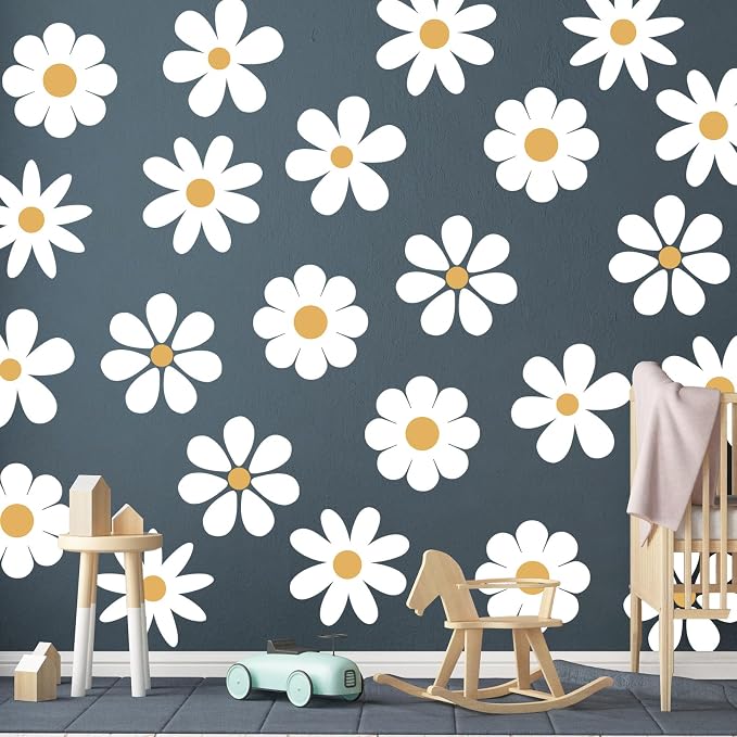 TaoBary 12 Sheet Daisy Wall Sticker Decal,White, Yellow,Novelty Style | Big Flower Wall Sticker, Pink White Floral Decal, Daisy Bedroom Room Decor, Removable Peel and Stick, Nursery Home Wall Decor