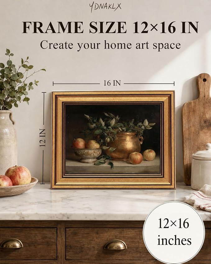 Gold Framed Wall Art, Vintage Apple Still Life Canvas Prints, Classical Farmhouse Fruit Picture Wall Decor, Antique Rustic Kitchen Artwork for Dining Room, Kitchen 12x16 inch