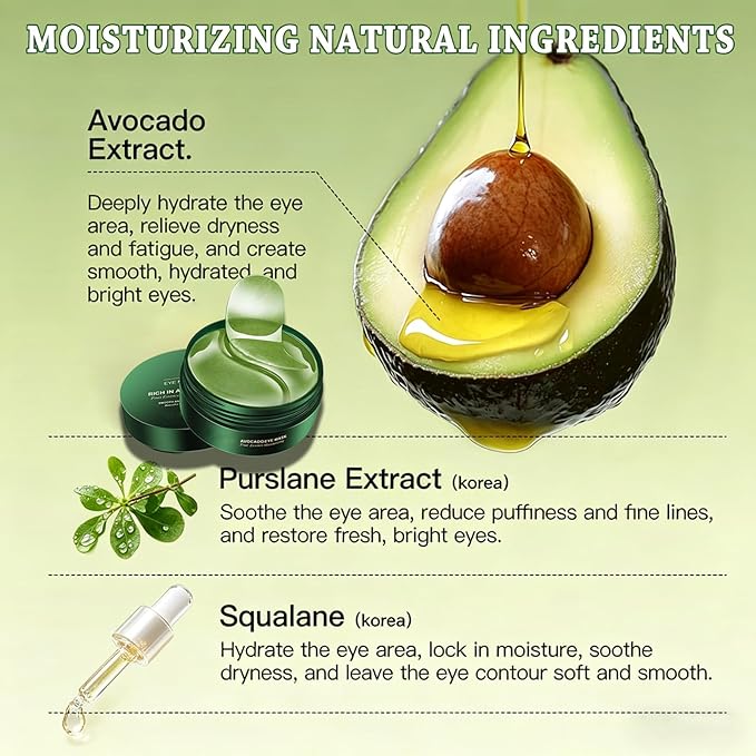Avocado Eye Mask 60 Pcs,Under Eye Patches for Dark Circles and Puffiness,Hydrating Moisturizing Eye Masks Skincare for Wrinkles, Eye Patches for Women, Under Eye Bags, Reduce Fine Lines
