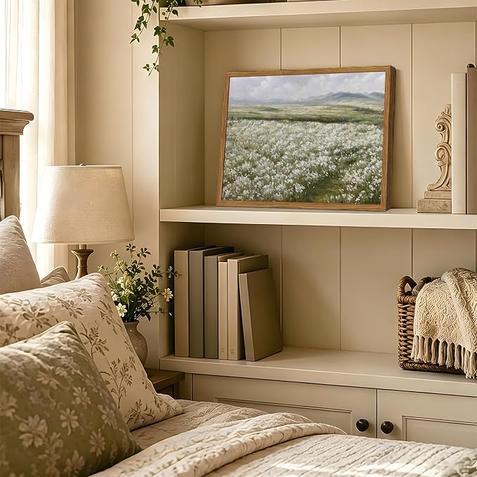 Framed Vintage Landscape Wall Art, Country Wildflower Field Pictures Wall Decor, Rustic Nature Flower Paintings Canvas Prints Farmhouse Home Decor for Living Room Bedroom Bathroom 8x10 inch